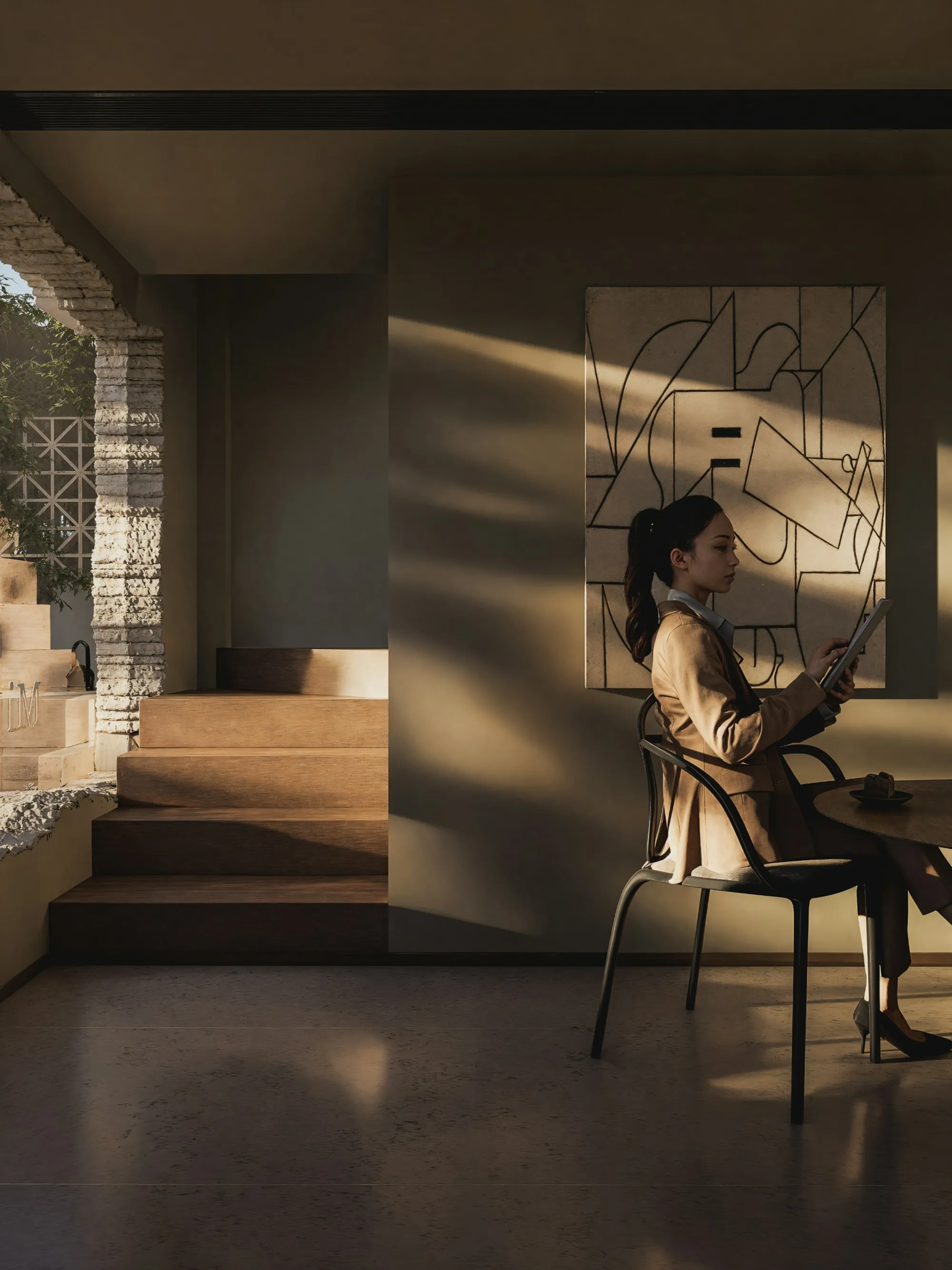 A person sitting and reading in a warm, sunlit room with an arched doorway